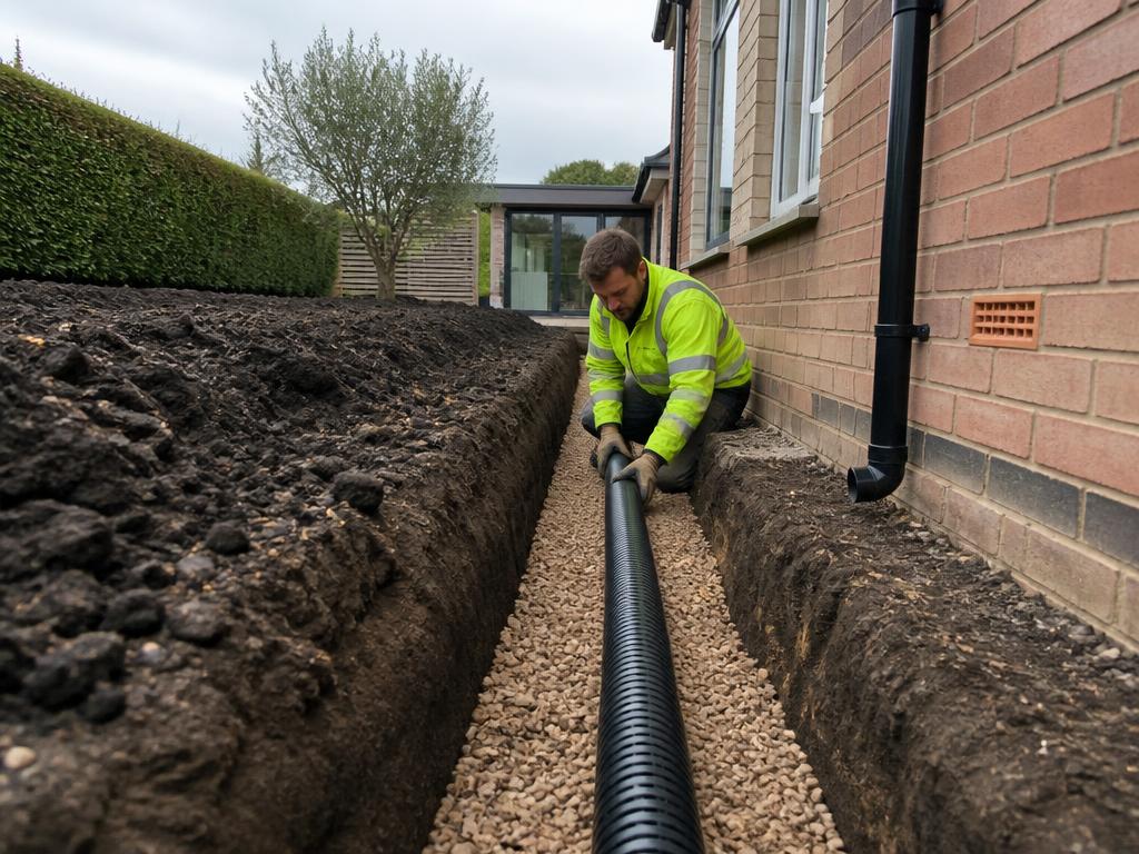 Land drainage installation with perforated pipe in a trench at a UK property