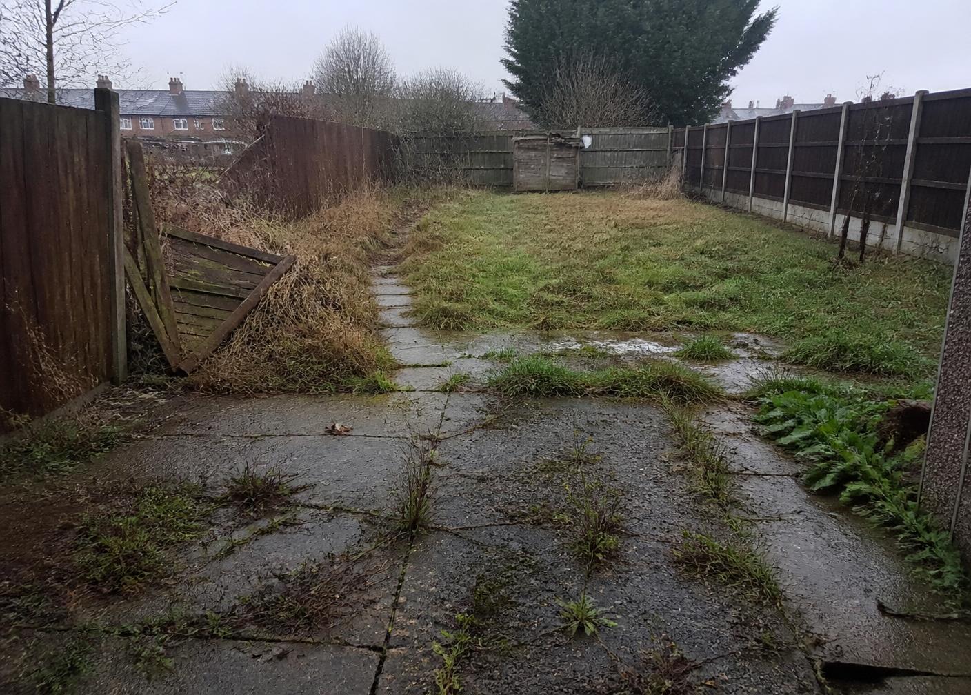 Overgrown UK garden with broken fencing and standing water before work
