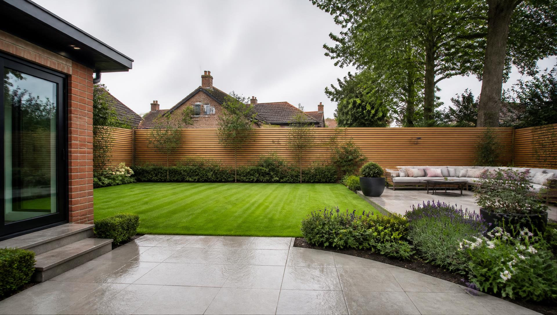 Professionally landscaped UK garden with porcelain patio, striped lawn and contemporary slatted fencing