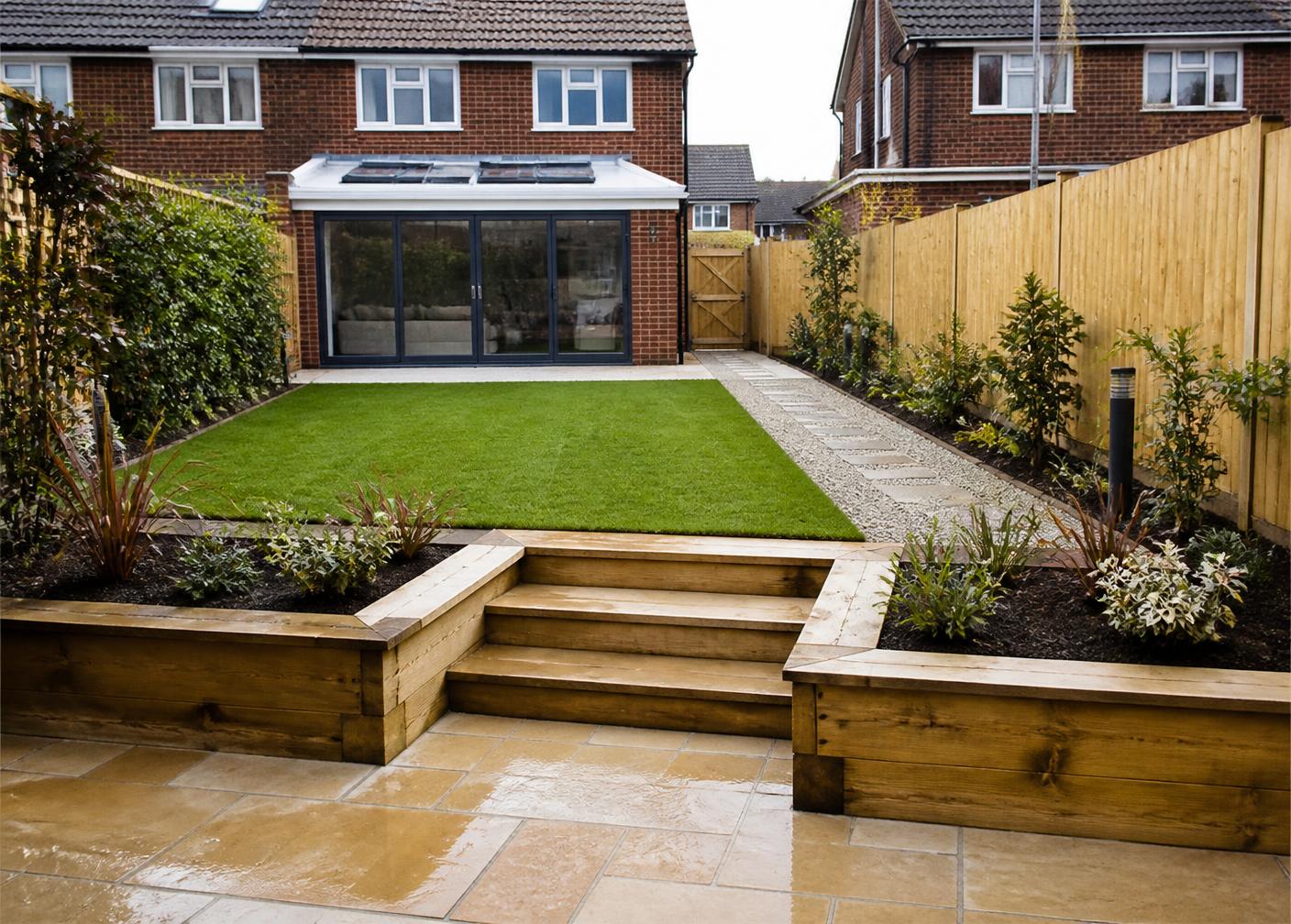 Completed UK garden with sandstone patio, sleeper walls and new lawn