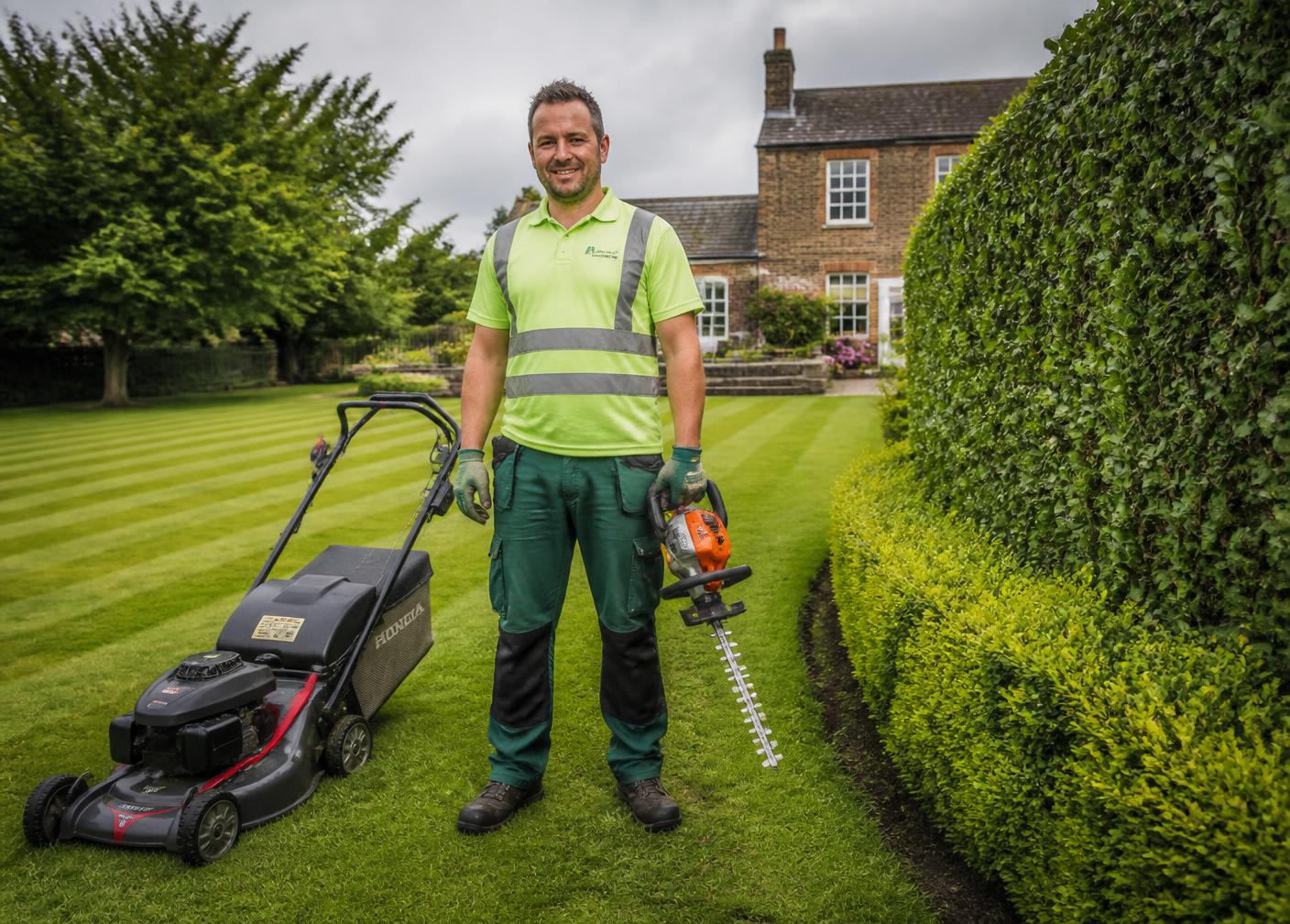 Professional UK groundsman with mower beside a striped lawn and trimmed hedge
